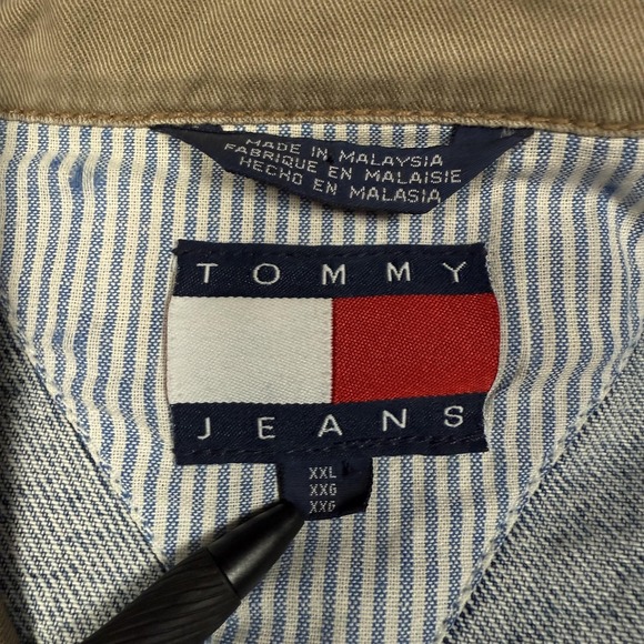 Vintage Tommy Jeans Jacket Mens 2XL Blue Denim Tan Collar Crest Patch 90s - Picture 3 of 14